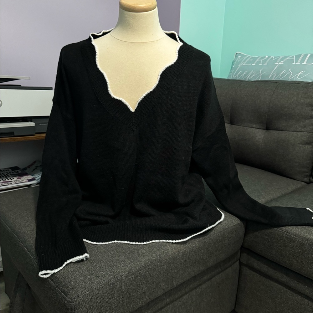 Beautiful Black Sweater with White Scalloped Trim